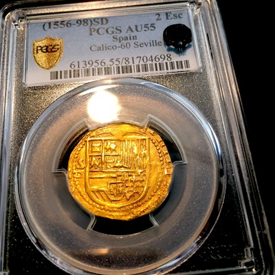 Spain 2 Escudos 1556-98 King Philip II PCGS 55 GOLD COB DOUBLOON